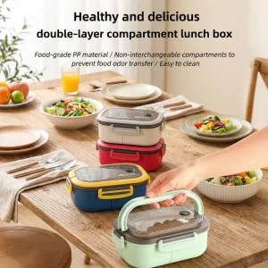 Portable Double Layer Sealed Lunch Box Bento with Leak Proof Design Microwave Safe Kids Food Container with Cutlery Kitchen